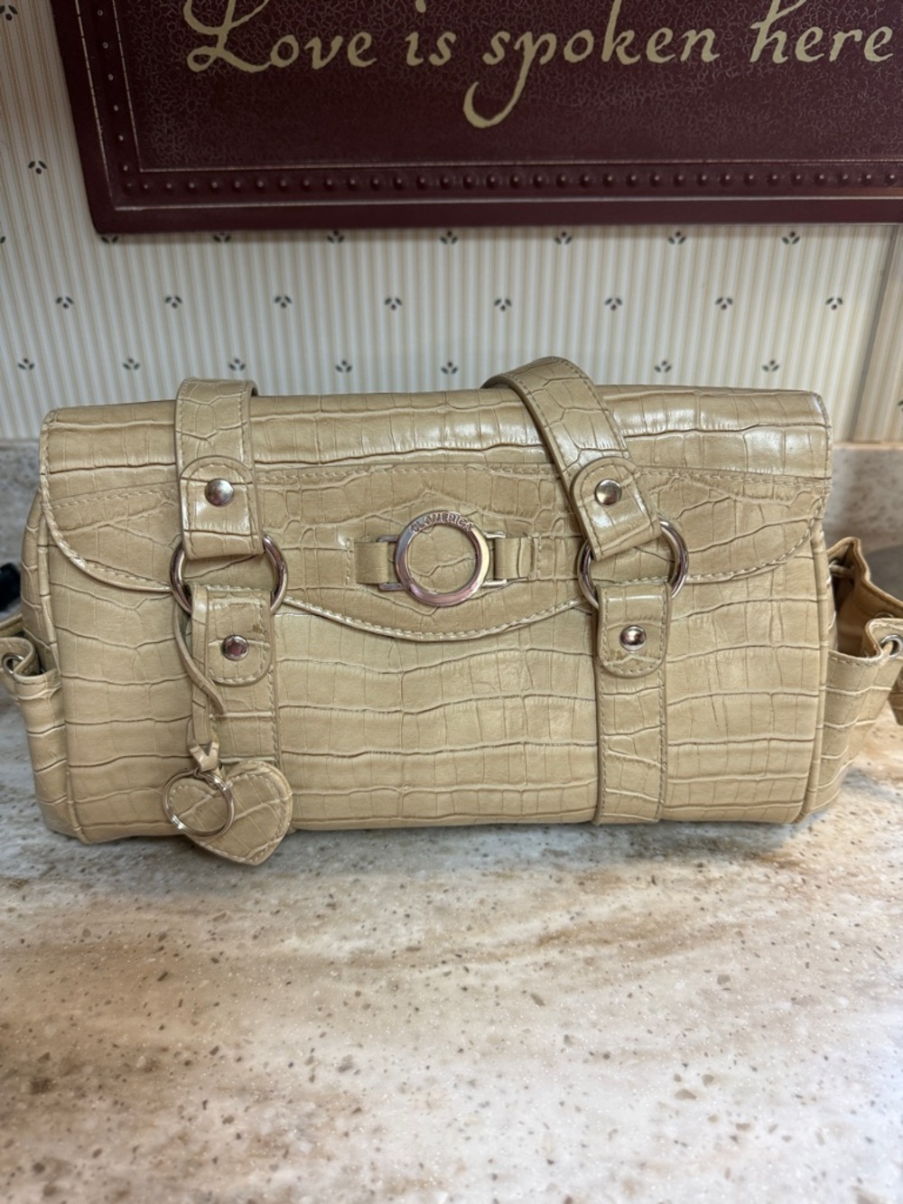 Beige Croc-Embossed Women’s Shoulder Bag